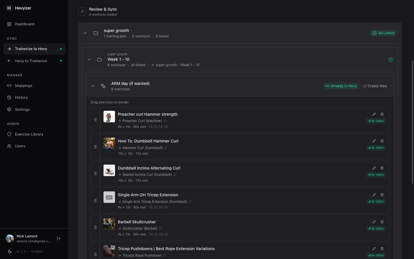 Hevyizer sync interface showing workout transfer between Trainerize and Hevy